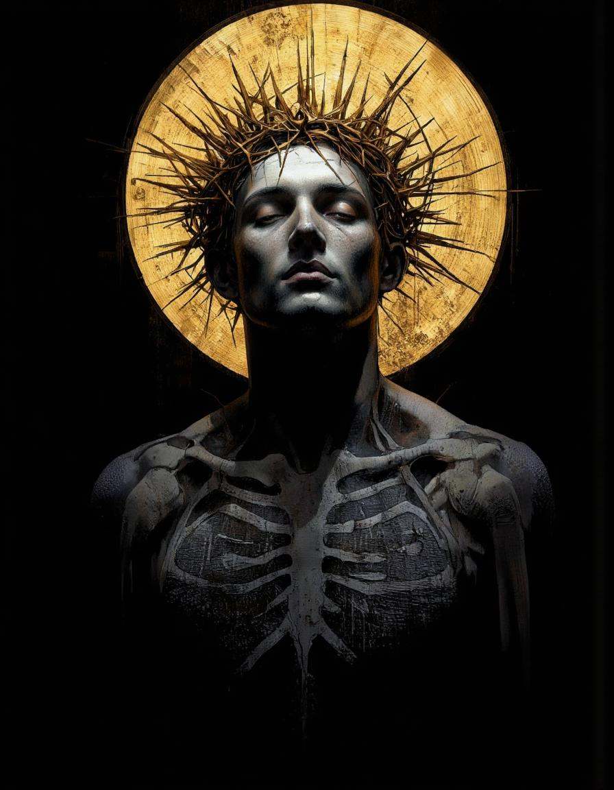 . A photo-realistic depiction of a dark,  skeletal figure with a crown of thorns,  set against a dark background with a go...
