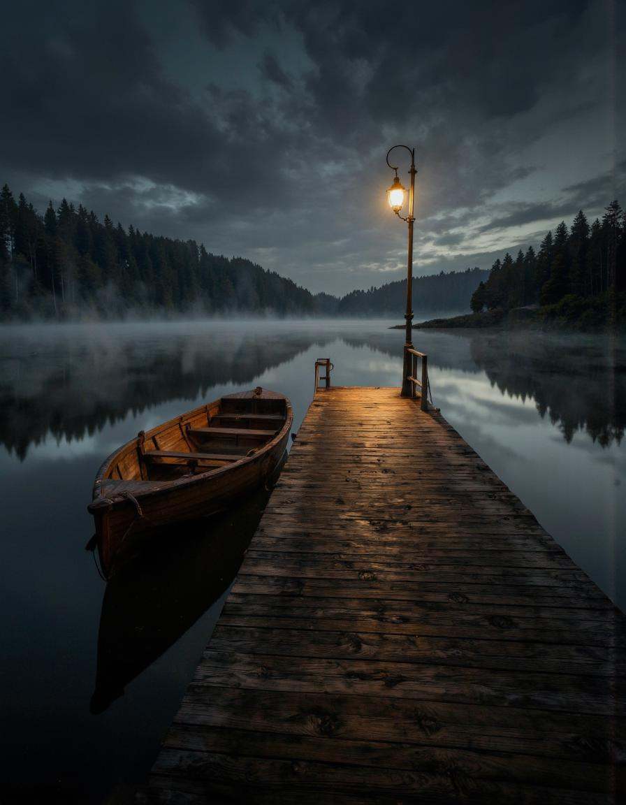 . A photo-realistic shoot from the side about a wooden pier and a small wooden boat on a calm lake at night,  illuminated...