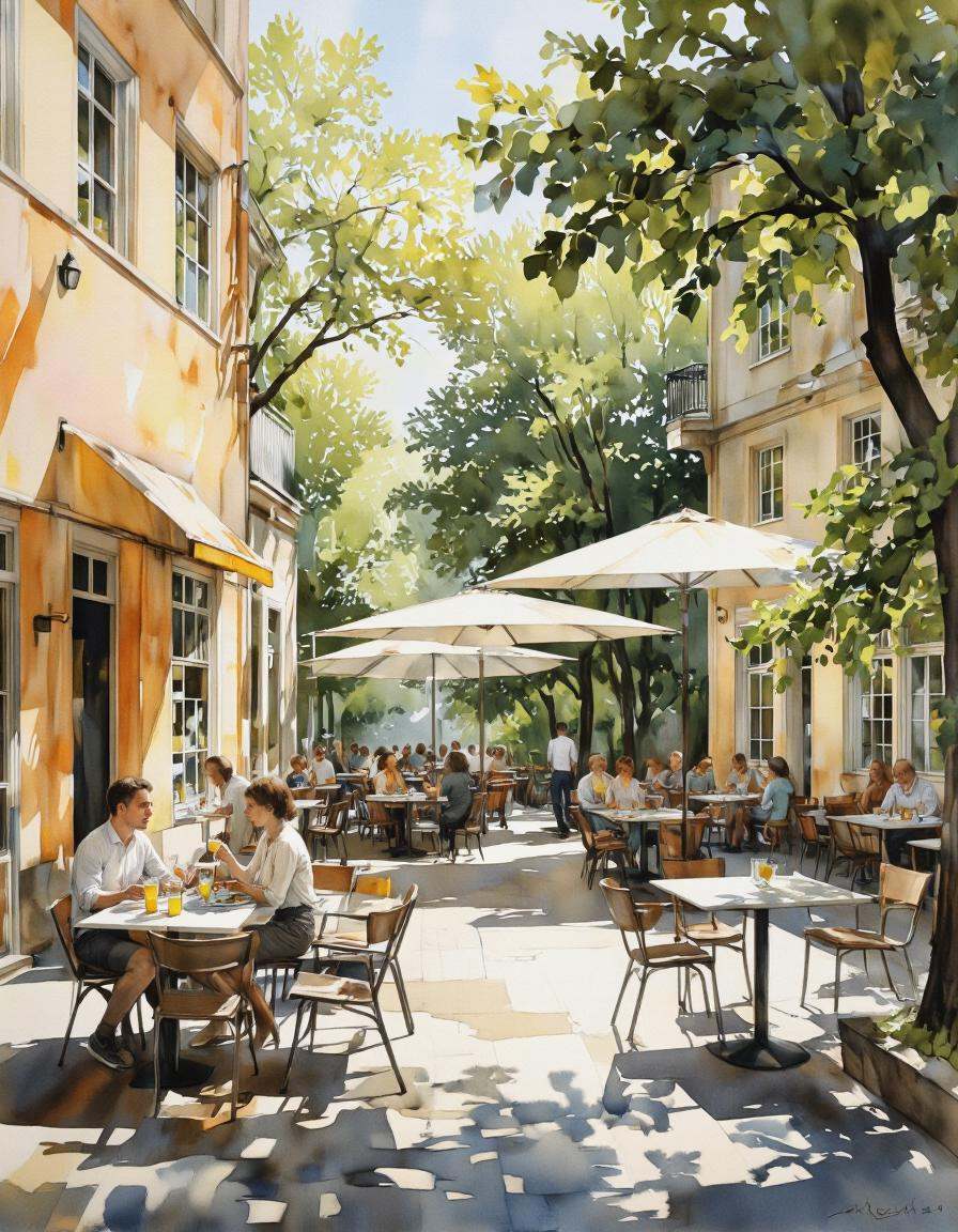 Inkquaria. A digital illustration shoot from a bird's eye view about a sunny outdoor cafe scene with people sitting at tab...
