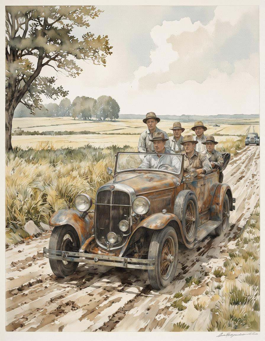 Inkquaria. A vintage illustration shoot from the front about a vintage car driving on a dirt road with four men in the bac...