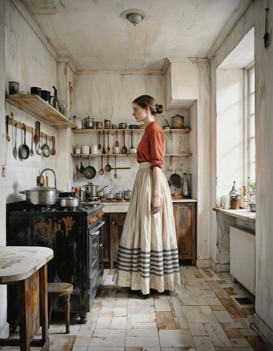 Inkquaria. A photo-realistic shoot from a profile camera angle about a woman standing in a rustic kitchen,  wearing a long...