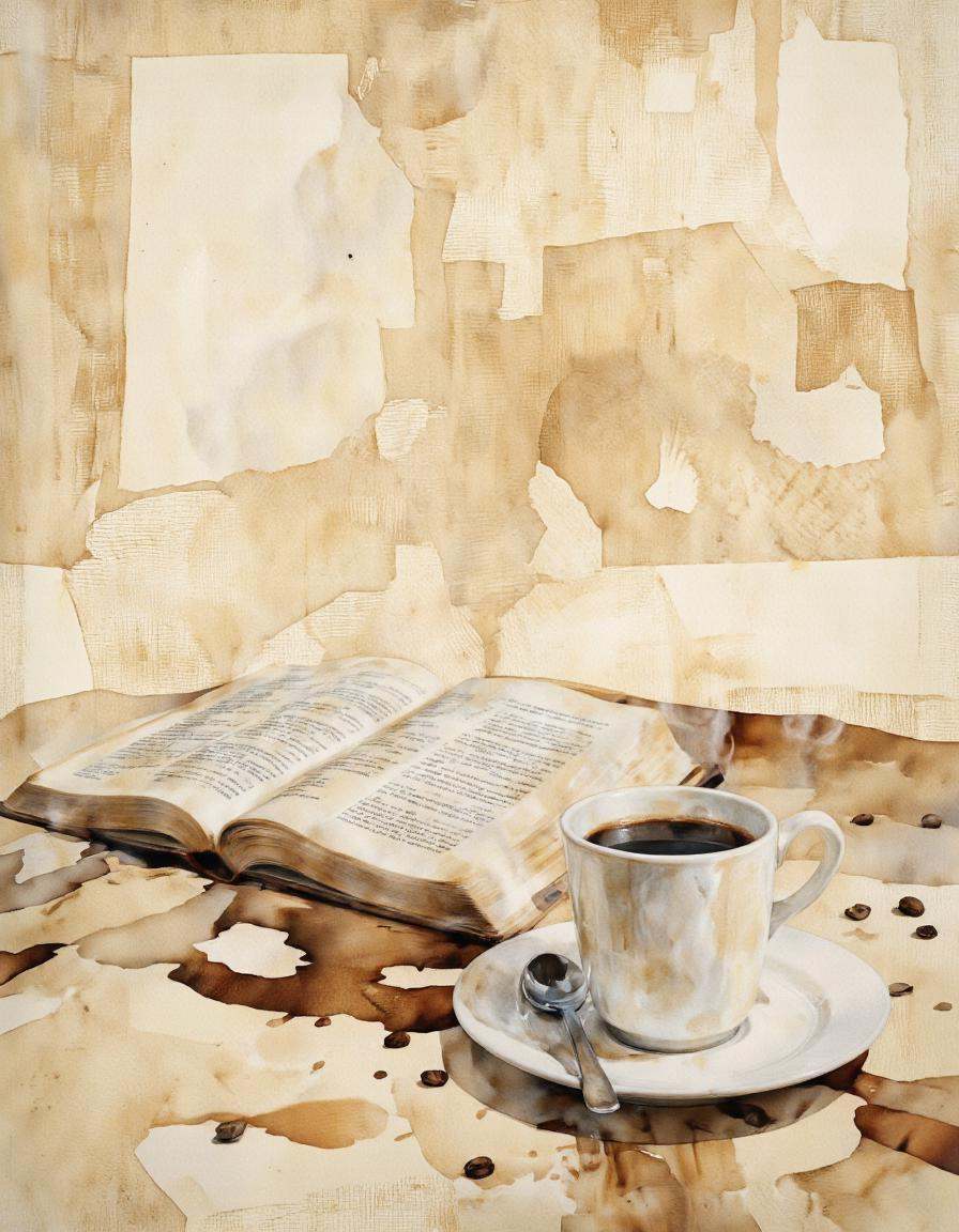 Inkquaria. A digital illustration shoot from a top-down perspective about a cozy scene featuring an open book and a cup of...