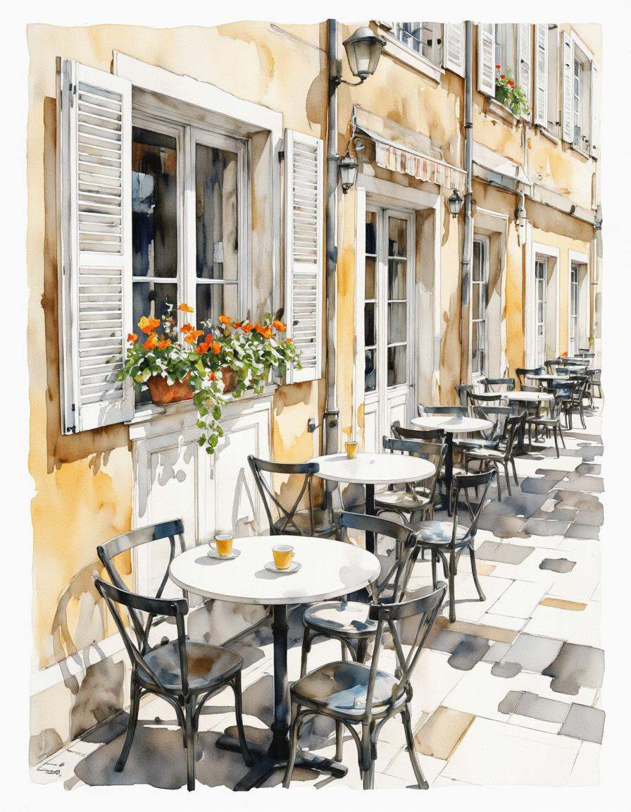 Inkquaria. A watercolor painting of a cozy outdoor cafe scene from a bird's eye view,  depicting a warm and inviting atmos...