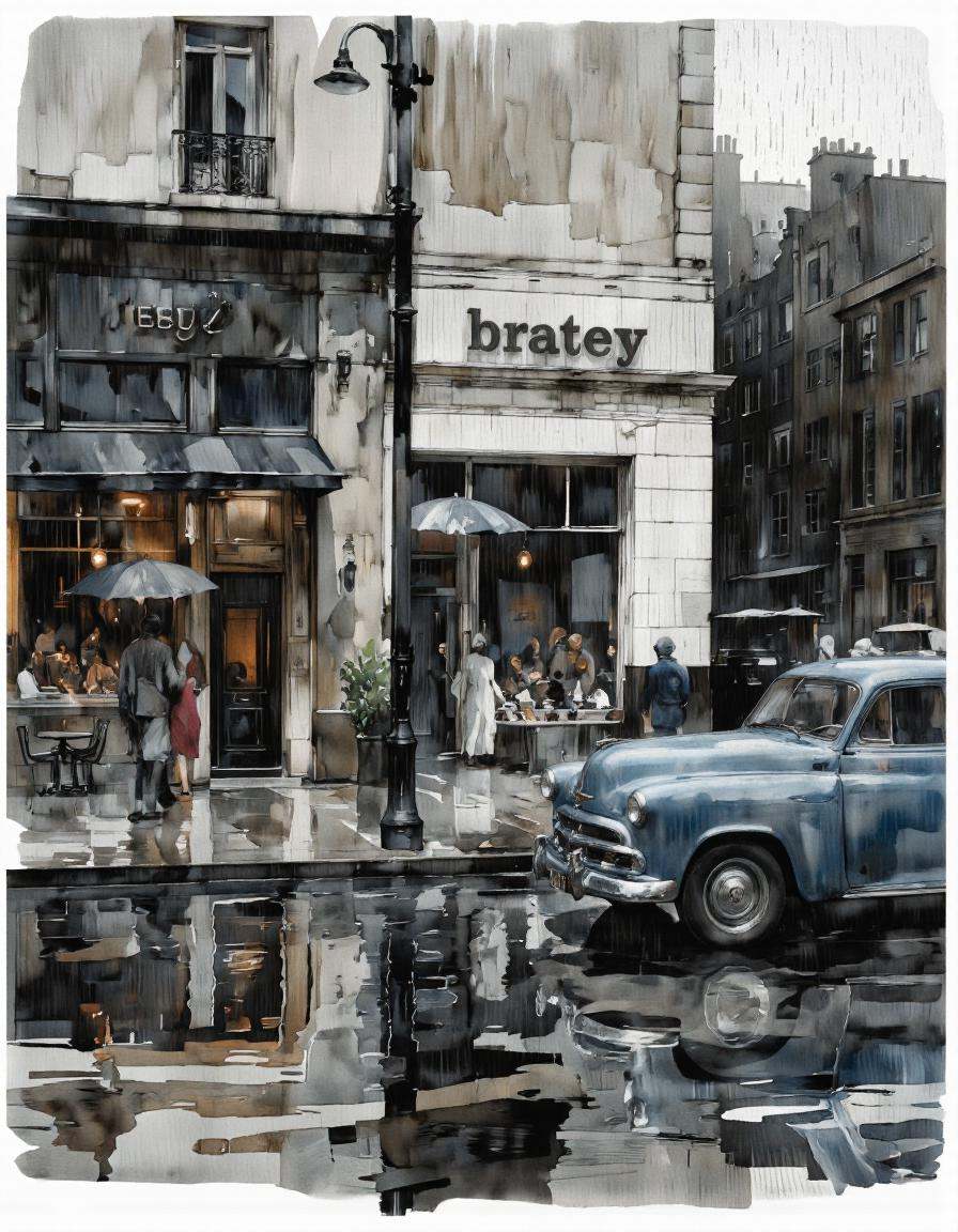 Inkquaria. A digital illustration shoot from the side about a rainy city street scene with a vintage car parked in front o...