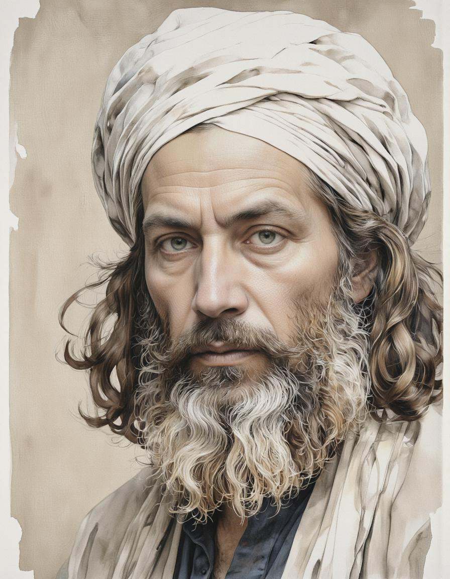 Inkquaria. A realistic digital illustration shoot from a portrait camera angle about a portrait of a man with a long beard...