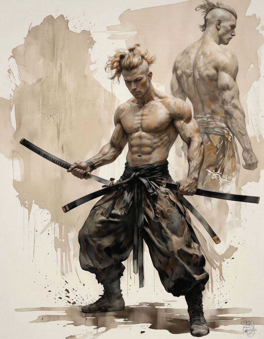 Inkquaria. A highly detailed and realistic digital illustration shoot from a side camera angle about a muscular man with a...