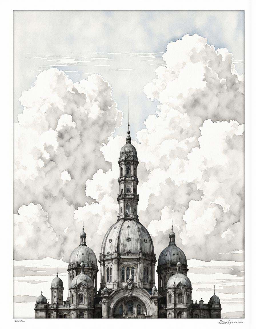Inkquaria. A black and white,  watercolor illustration of a large,  elegant building with multiple domes and a clock tower...