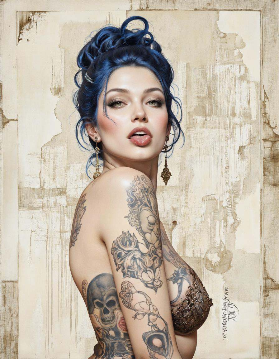 By Monstfactum.A digital illustration shoot from a portrait camera angle about a stylized portrait of a woman with blue ha...