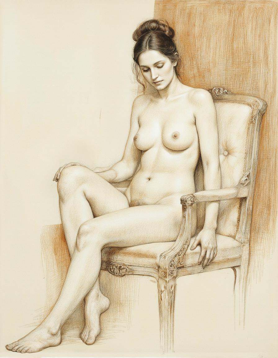 By Monstfactum.A realistic pencil drawing of a nude woman seated in a seated pose on a chair,  with a soft,  warm brown ba...