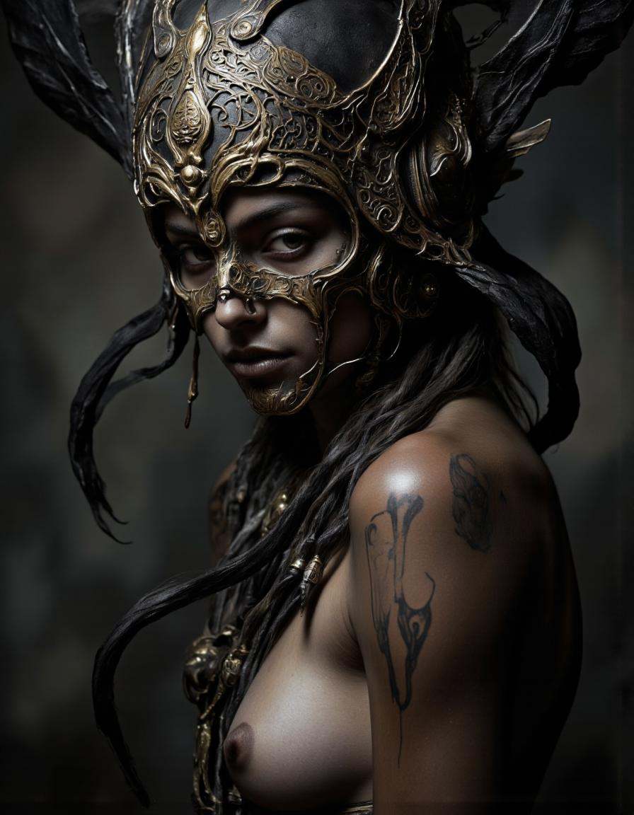 By Monstfactum.A photorealistic close-up of a dark-skinned warrior woman wearing an ornate helmet,  with intricate designs...