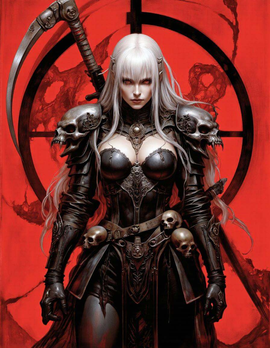 By Monstfactum.A digital illustration shoot from a portrait camera angle about a fierce female warrior with long white hai...