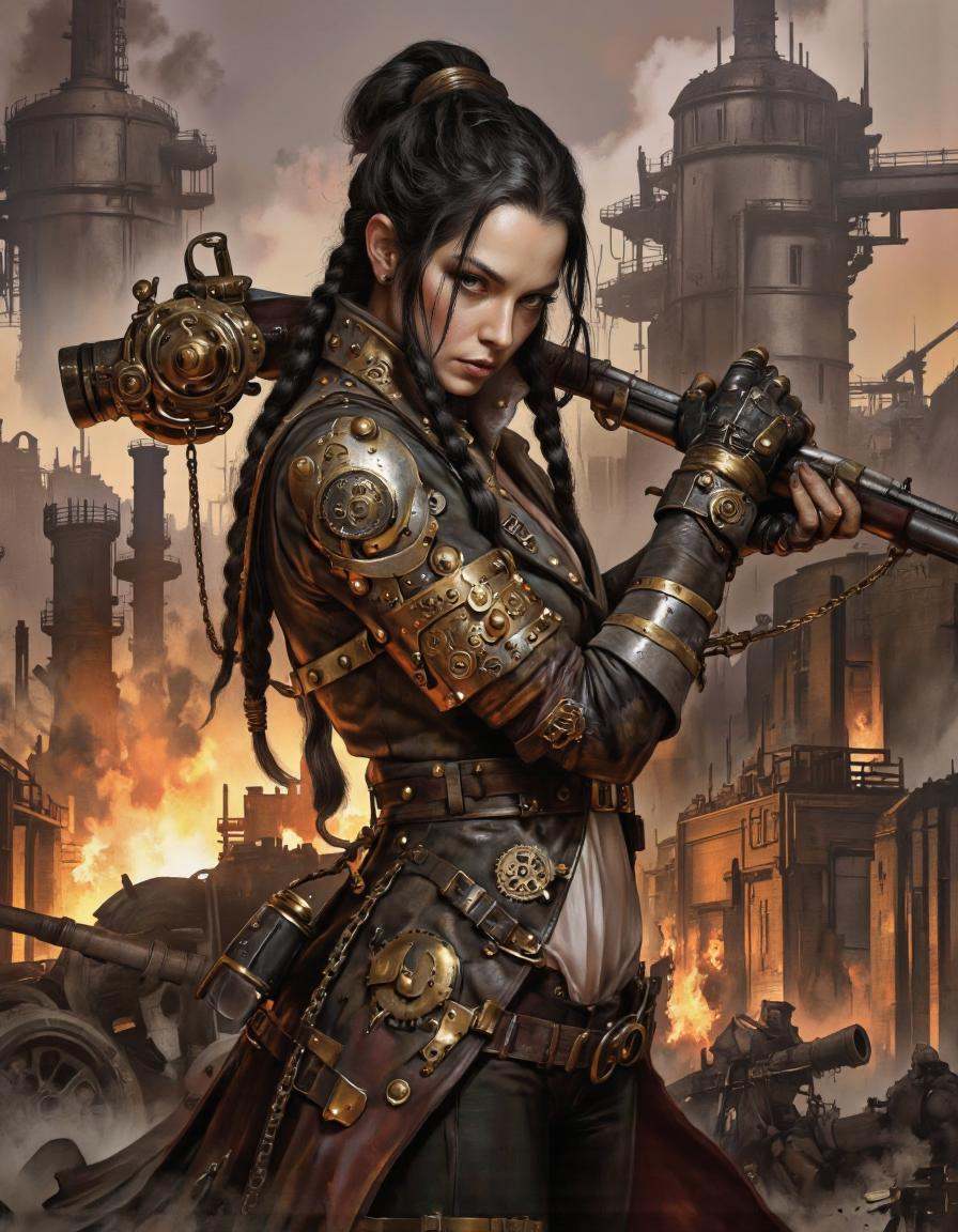 By Monstfactum.A fierce steampunk woman with braided black hair wearing a leather jacket covered in brass studs and intric...