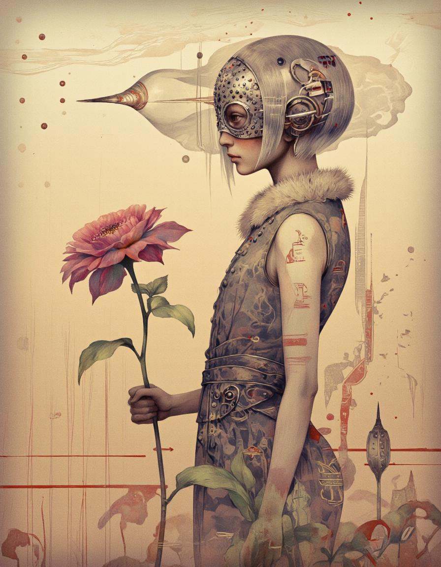 Art by Vvika. A surreal digital illustration shoot from a profile camera angle about a humanoid figure with a futuristic a...