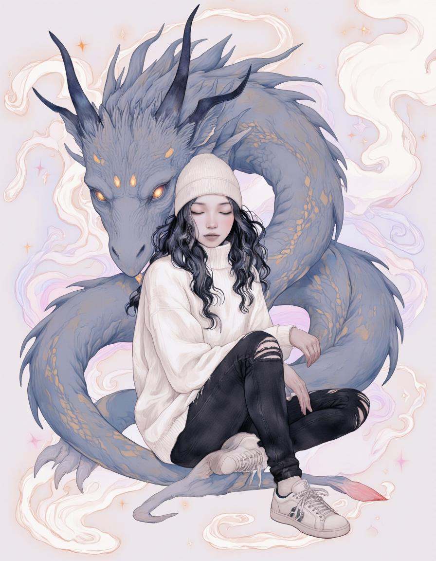 Art by Vvika. A digital illustration shoot from a bird's eye view about a serene scene featuring a girl and a dragon inter...