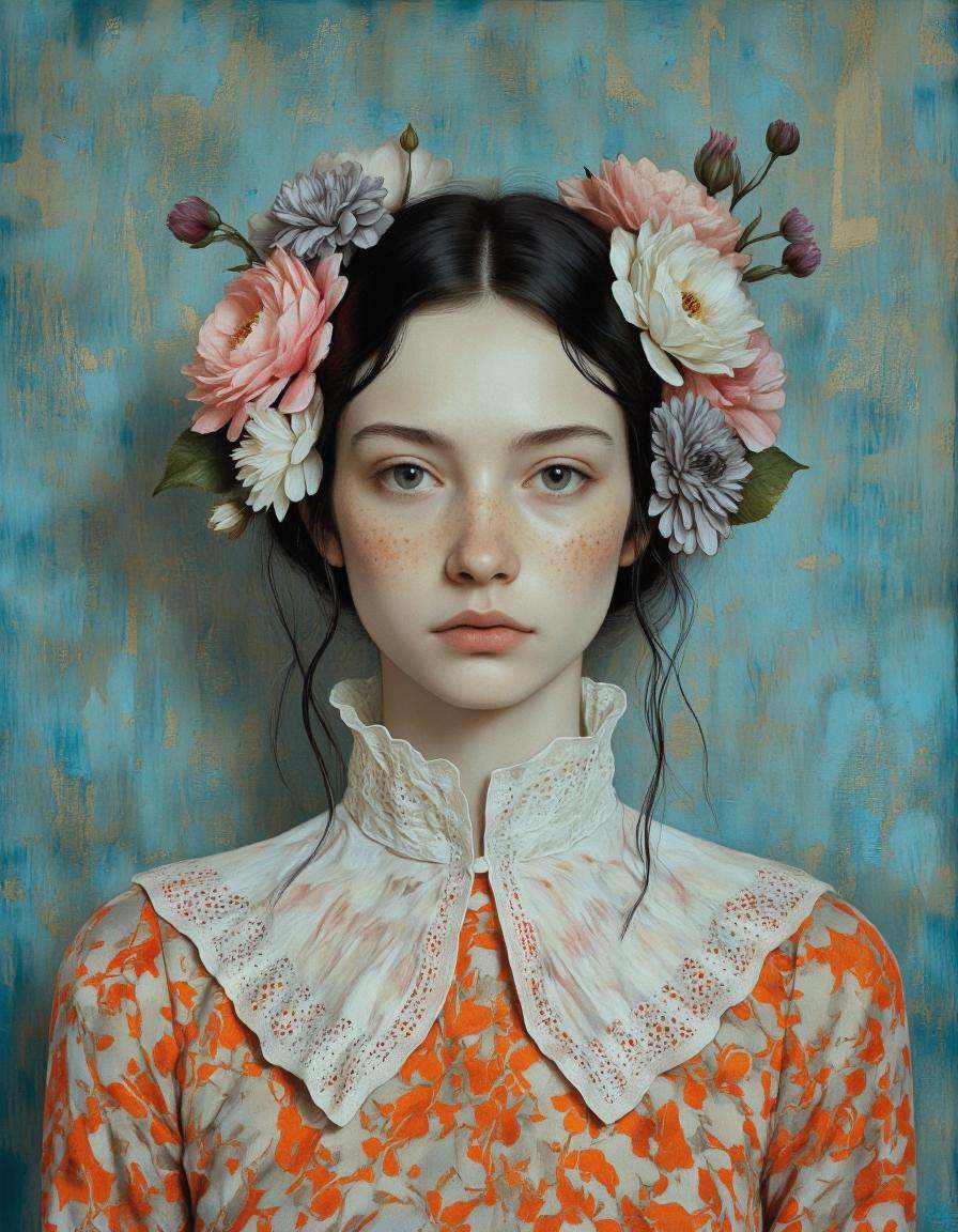 Art by Vvika. A photo-realistic portrait shoot from a close-up camera angle about a woman with freckles and flowers in her...
