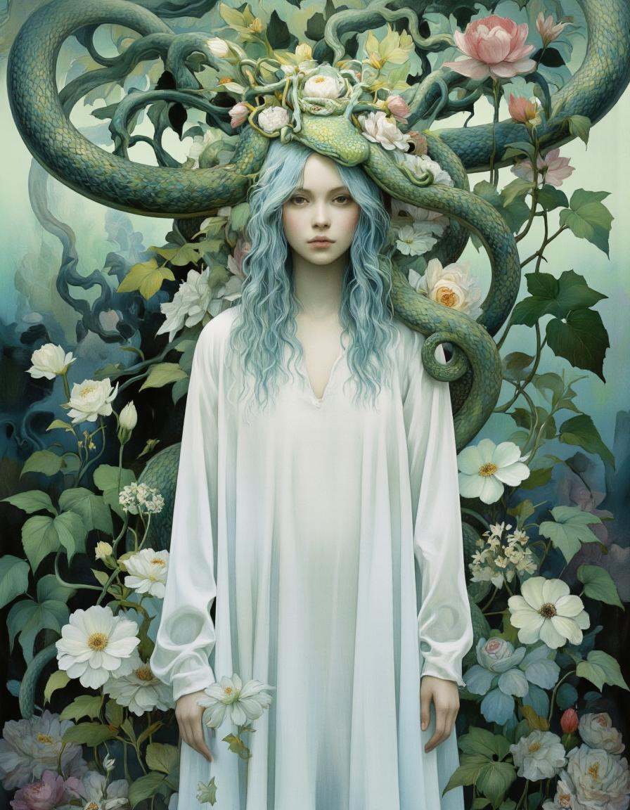 Art by Vvika. A surreal digital illustration shoot from a frontal camera angle about a woman with long,  wavy,  light blue...