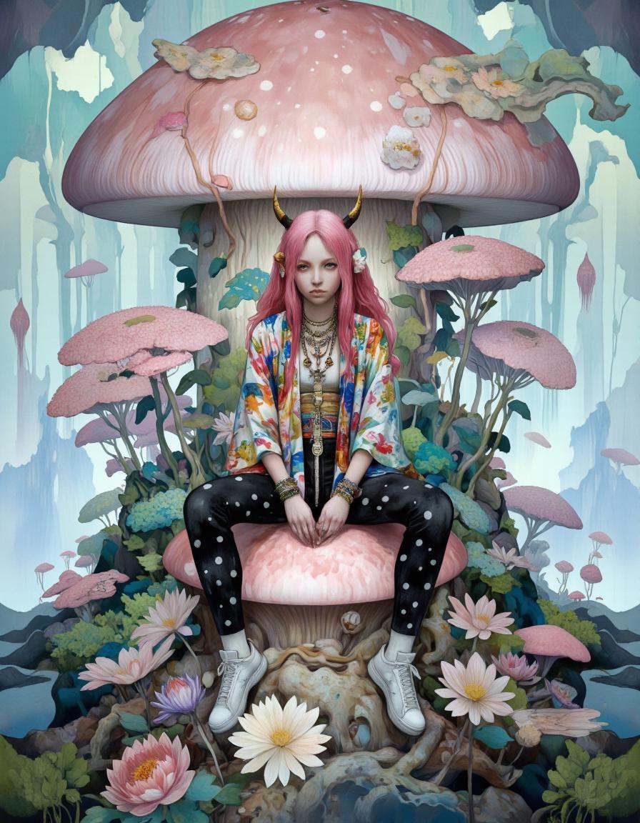 Art by Vvika. A surreal digital illustration shoot from a front camera angle about a woman with long pink hair sitting on...