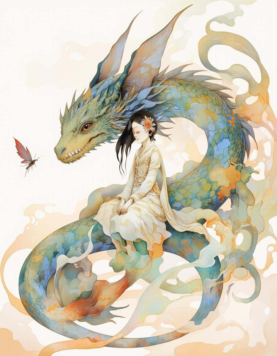 Art by Vvika. A digital illustration shoot from the side about a serene scene featuring a dragon and a fairy. on the middl...