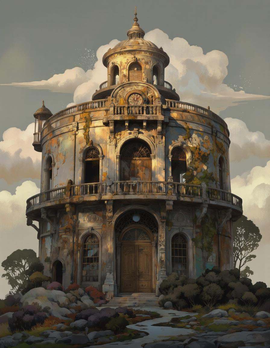Art by Vvika.A digital illustration of an old,  dilapidated building with a large,  ornate balcony and a round on Tensor.Art