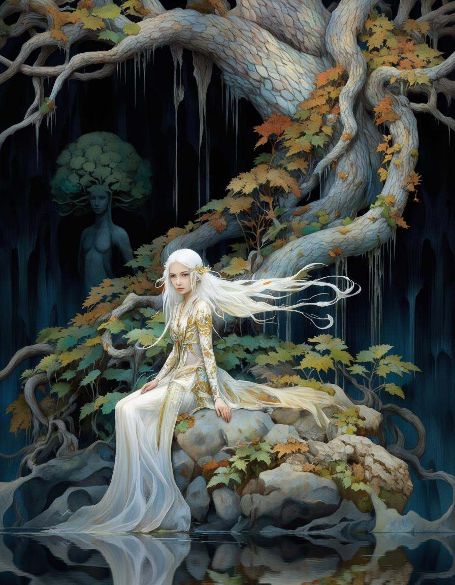Art by Vvika. A digital illustration shoot from the side about a mystical scene featuring a serene woman with long,  flowi...