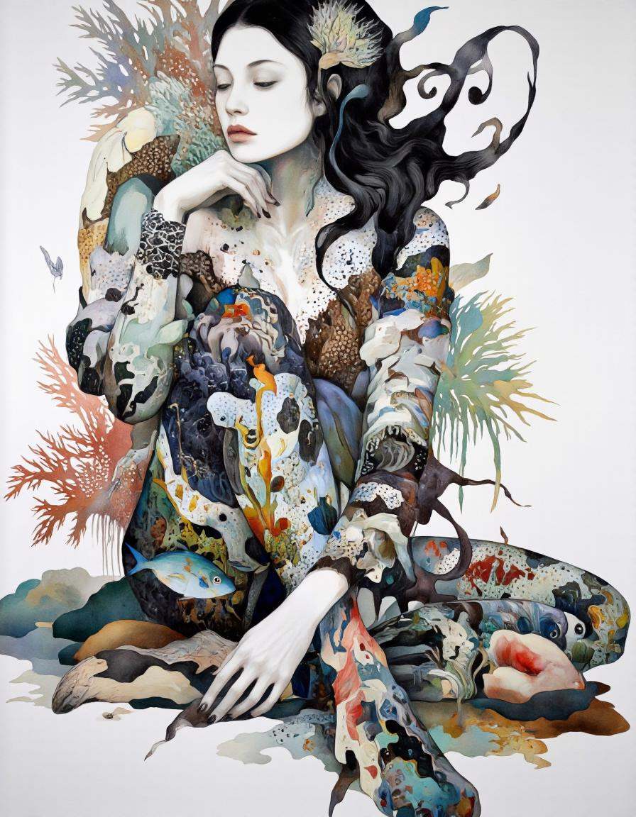 Art by Vvika & Akiya Kageichi.A surreal,  abstract painting of a woman with a white face and black hair,  sitting on the g...