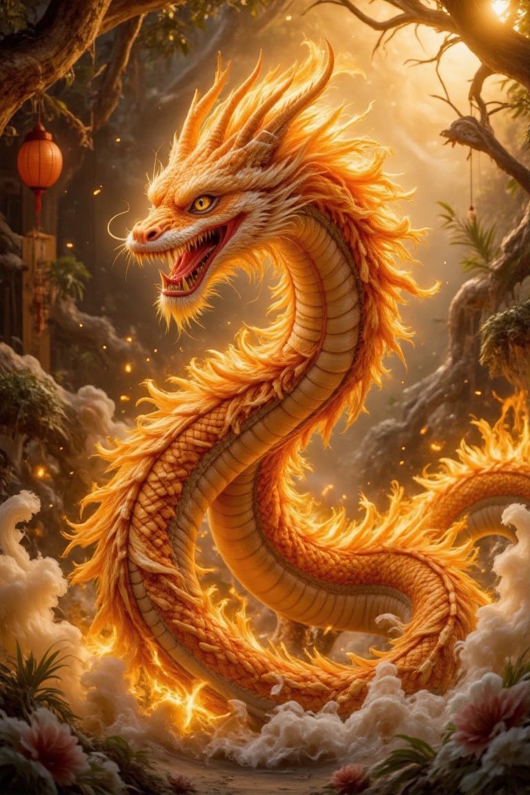 blazeflamewyrm,  cinematic style,  a blazing orange eastern dragon on Tensor.Art
