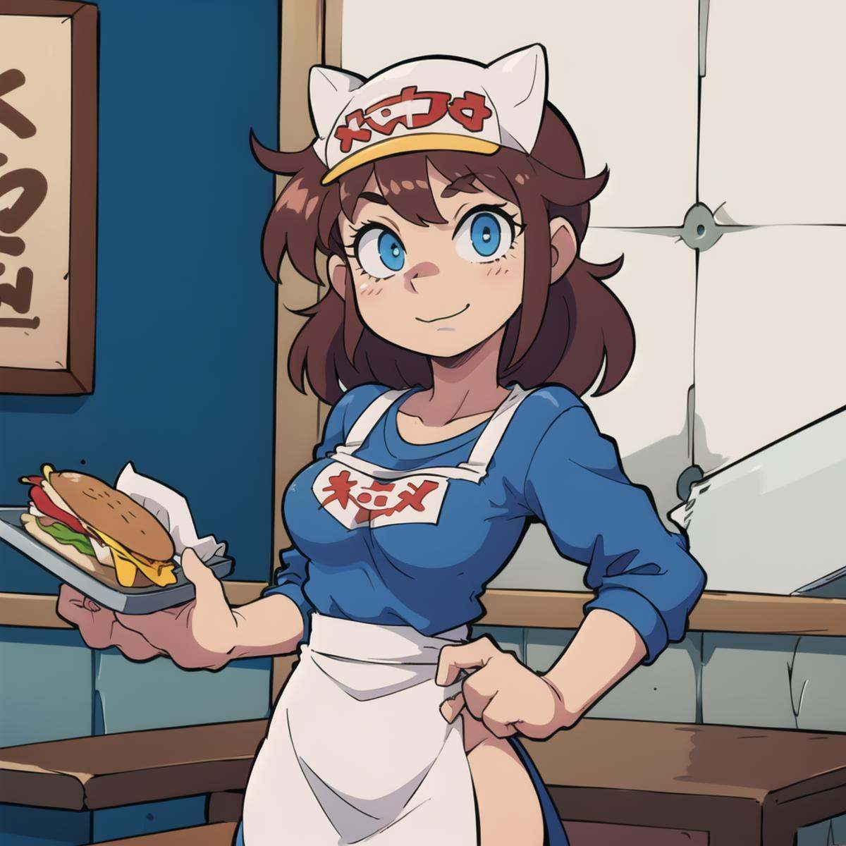 1girl,  80's anime style,  serving fast food at a restaurant on Tensor.Art