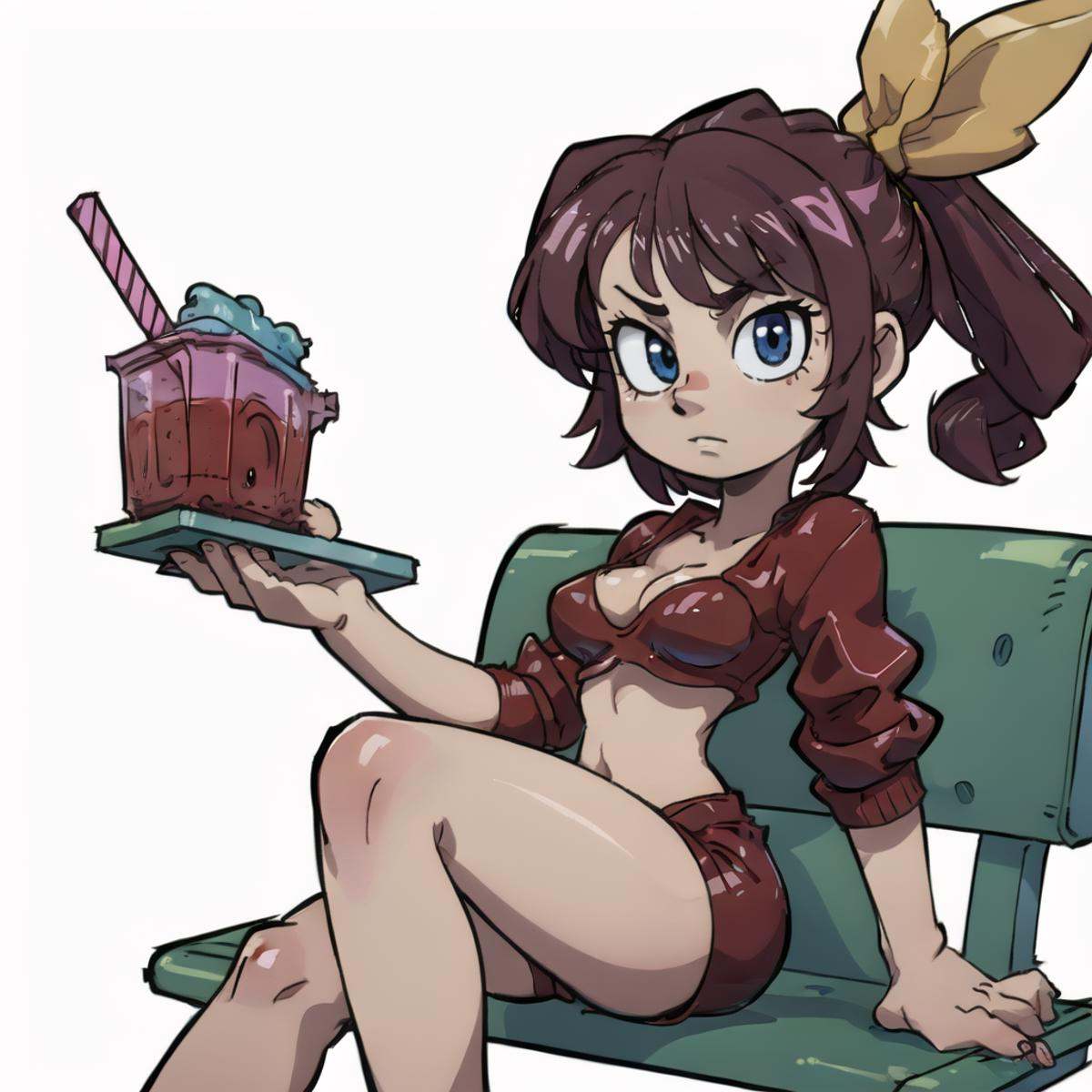 80's anime style,  Jam_19 sipping on a smoothie in the mall on a bench on Tensor.Art