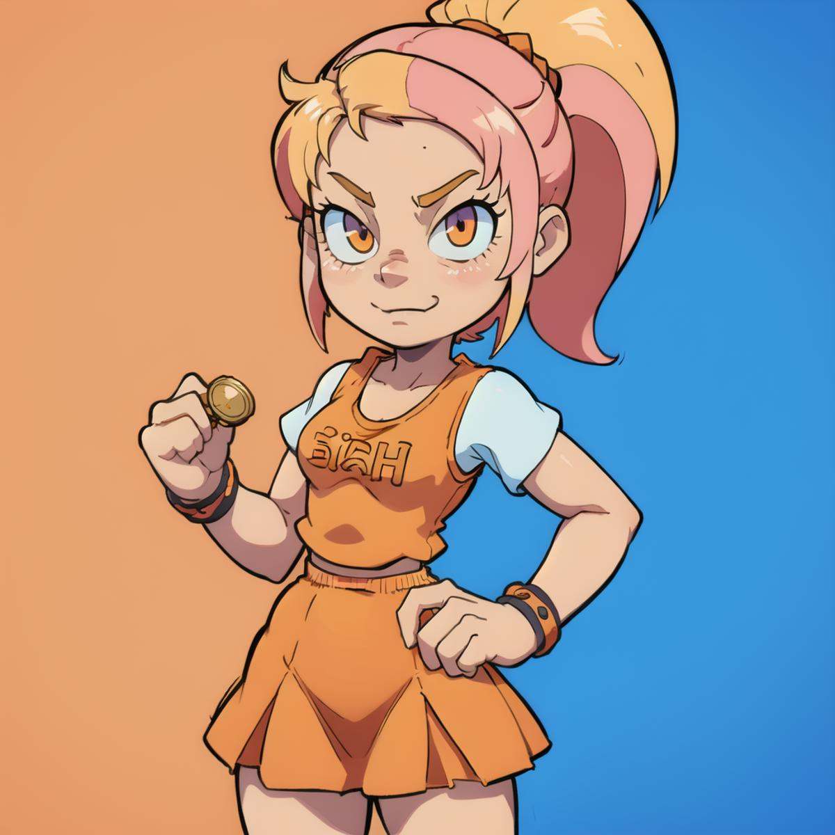 1girl,  80's anime style,  holding a bitcoin and winking on Tensor.Art