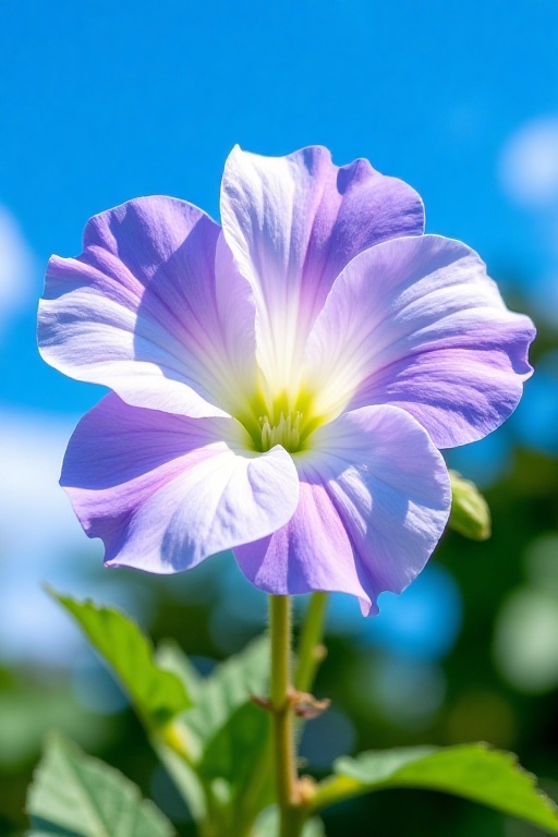 A captivating photograph presents a detailed close - up of a charming,  pale lavender and white petunia flower in full blo...