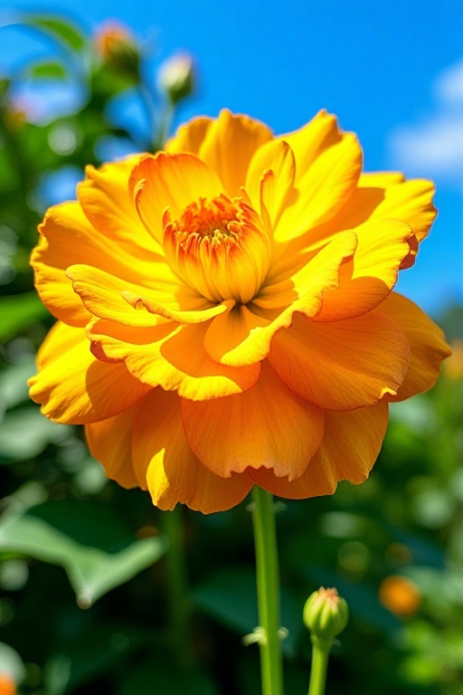 A striking photograph showcases a close - up of a graceful,  soft yellow and orange marigold flower in full splendor,  its...