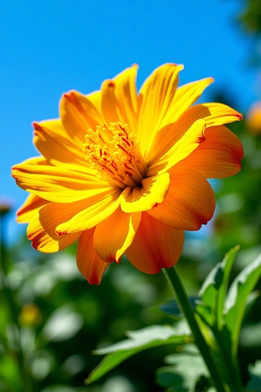 A striking photograph showcases a close - up of a graceful,  soft yellow and orange marigold flower in full splendor,  its...