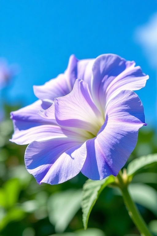 A captivating photograph presents a detailed close - up of a charming,  pale lavender and white petunia flower in full blo...