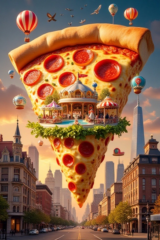 A surreal and cheerful scene featuring a colossal slice of pizza with a crispy crust,  topped with vibrant vegetables,  me...
