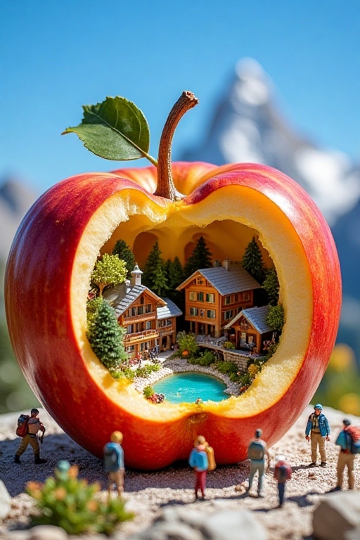A sharply detailed photograph captures a large apple with a scooped - out cavity displaying a dainty Alpine village. The s...
