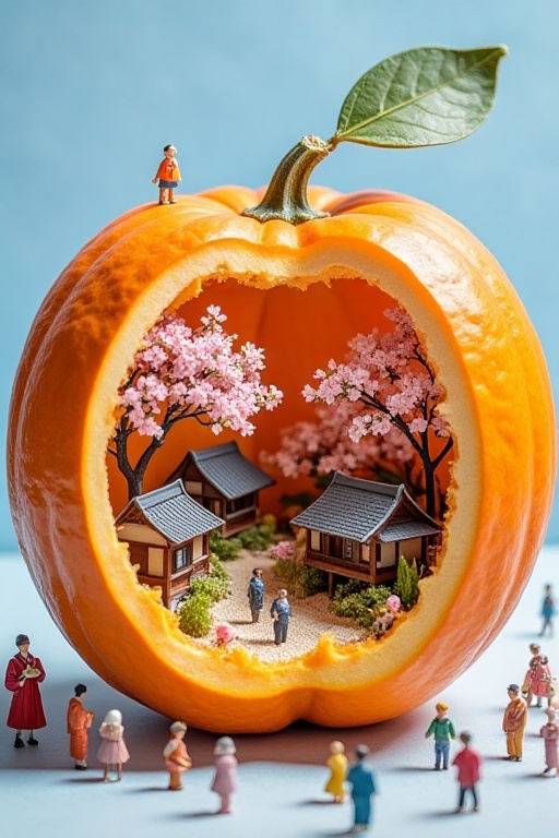 A precisely detailed photograph features a large orange with a carved - out part showcasing a petite Japanese cherry bloss...
