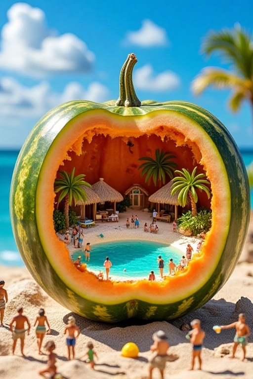 A meticulously detailed photograph showcases a watermelon with a carved - out portion unveiling a tiny tropical island sce...