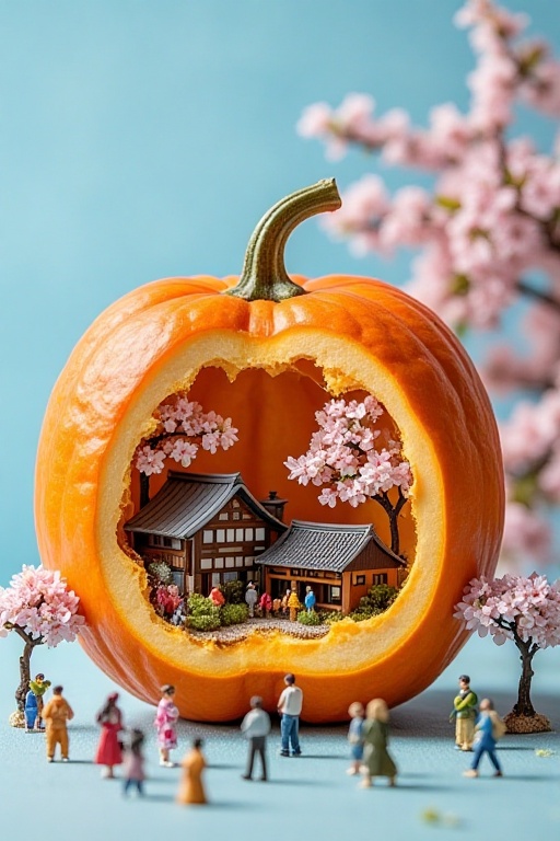 A precisely detailed photograph features a large orange with a carved - out part showcasing a petite Japanese cherry bloss...