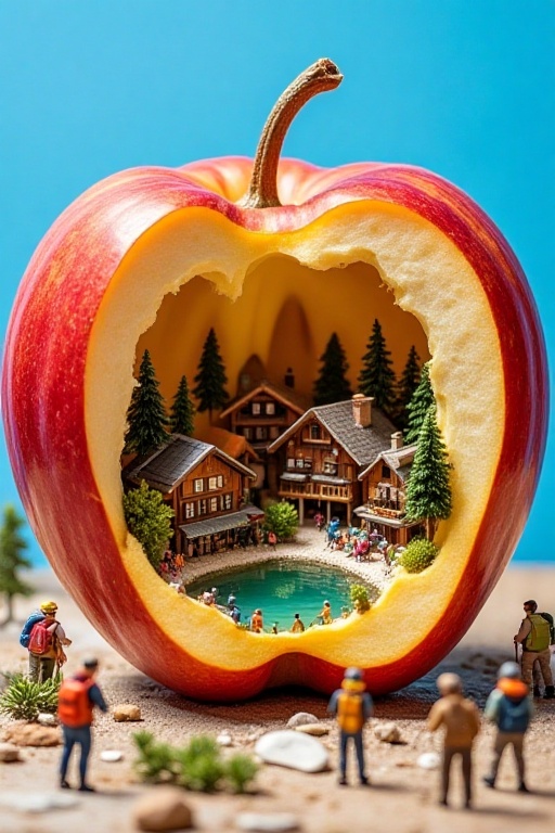 A sharply detailed photograph captures a large apple with a scooped - out cavity displaying a dainty Alpine village. The s...