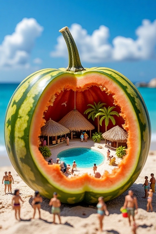 A meticulously detailed photograph showcases a watermelon with a carved - out portion unveiling a tiny tropical island sce...