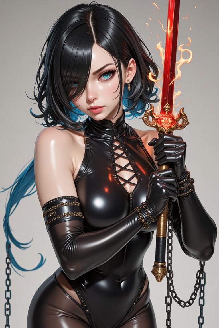 A cinematic still in 8k resolution shows a bold character with striking features. Black hair flows over a glossy black sui...