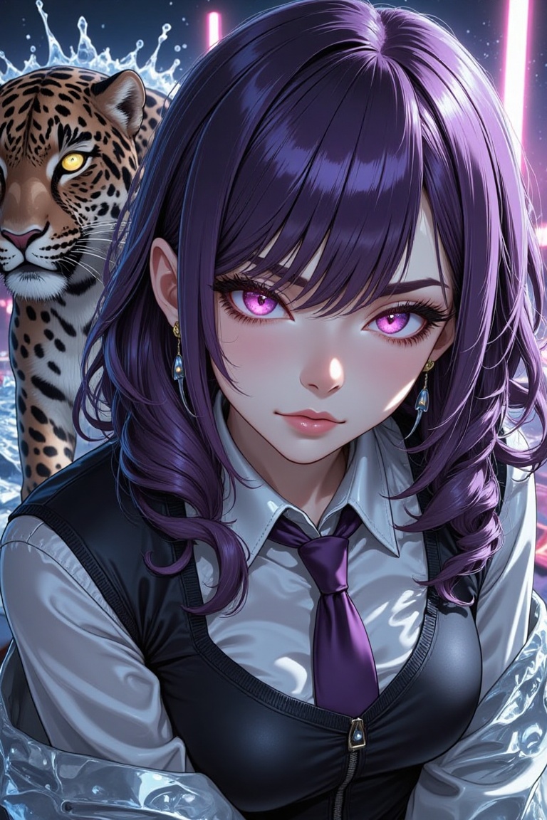 A close-up of a purple-haired gothic female streamer with dramatic makeup,  her striking eyes illuminated by high-contrast...