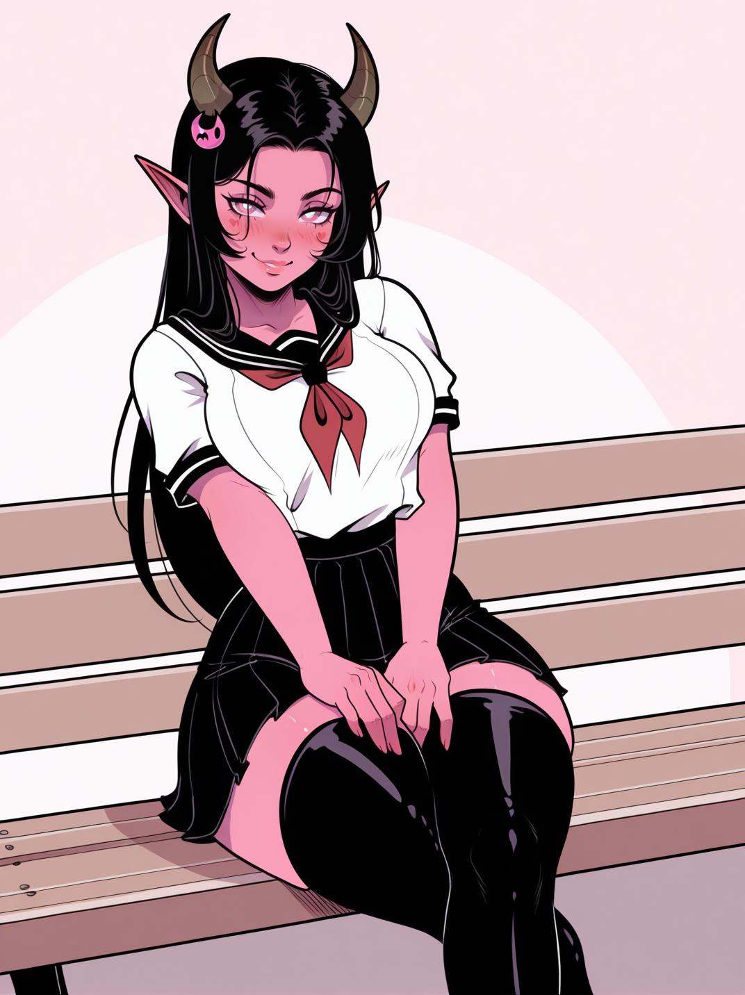 DarkraXL,  girl sitting in a bench,  hands on thighs on Tensor.Art