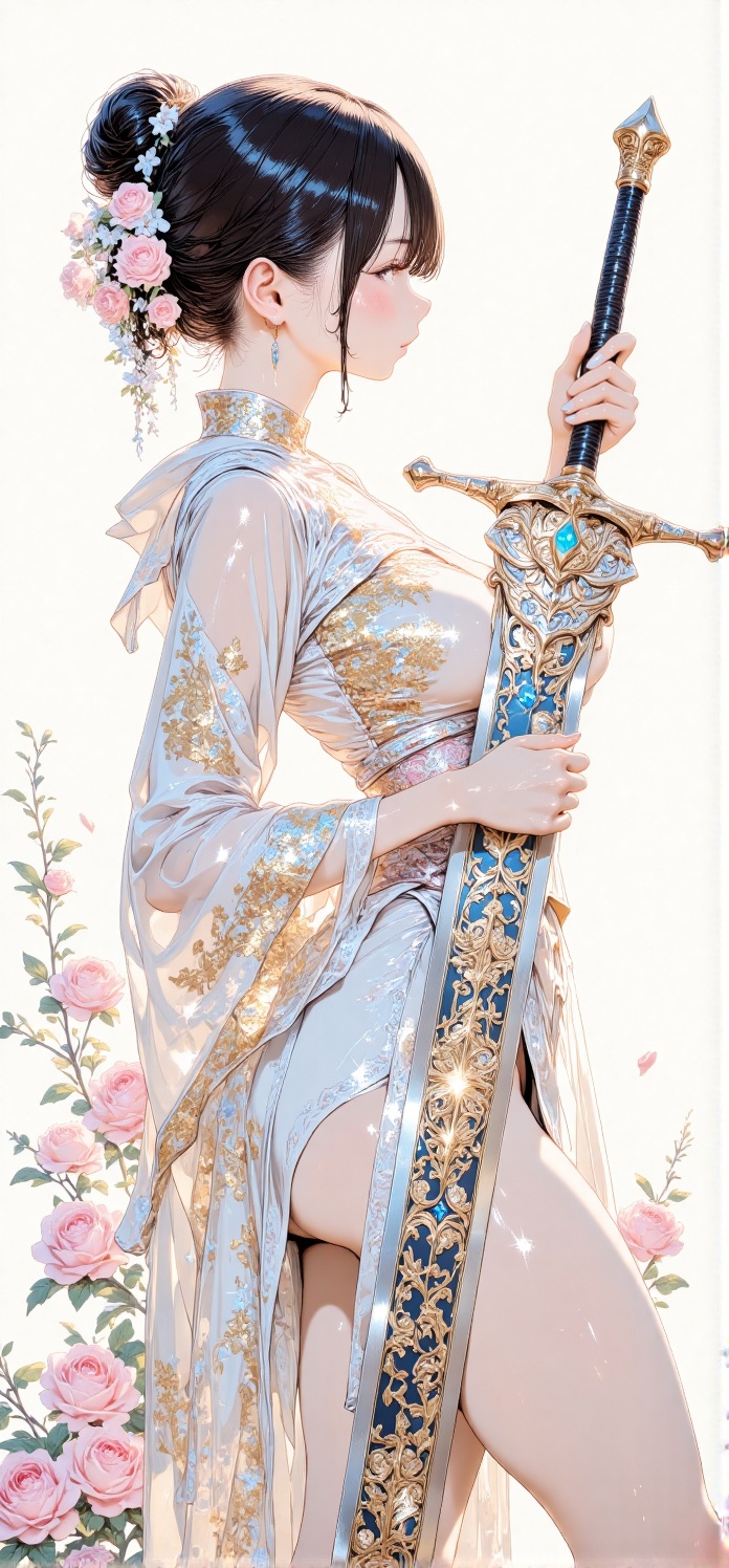 The image depicts a serene and elegant scene featuring a woman dressed in traditional attire. She is holding a large,  int...