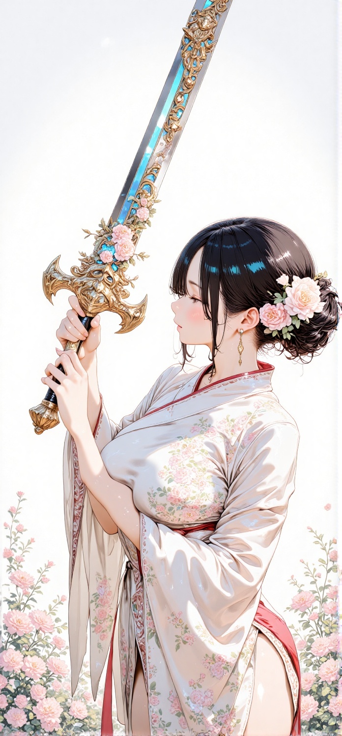 The image depicts a serene and elegant scene featuring a woman dressed in traditional attire. She is holding a large,  int...