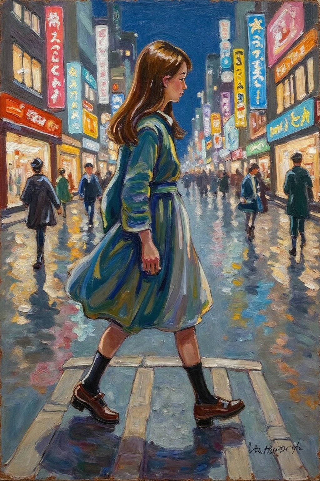 dorotheasharp1 painting. Japanese girl,  professional composition. She is walking sideways. The girl has beautiful,  shiny...