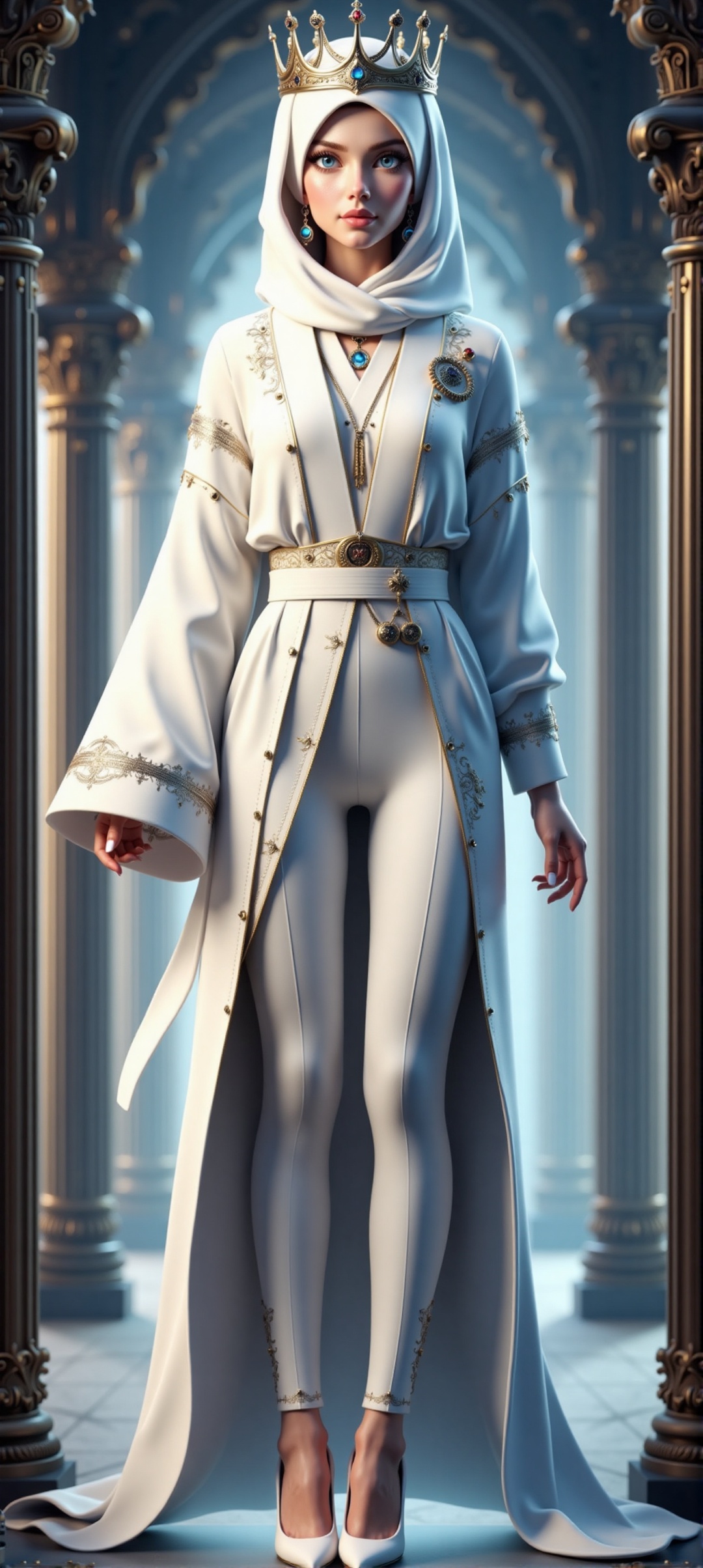 create an hyper-maximalism poster of a young woman with fully hijab,  white hijab and blue eyes,  wearing queen's crown on...