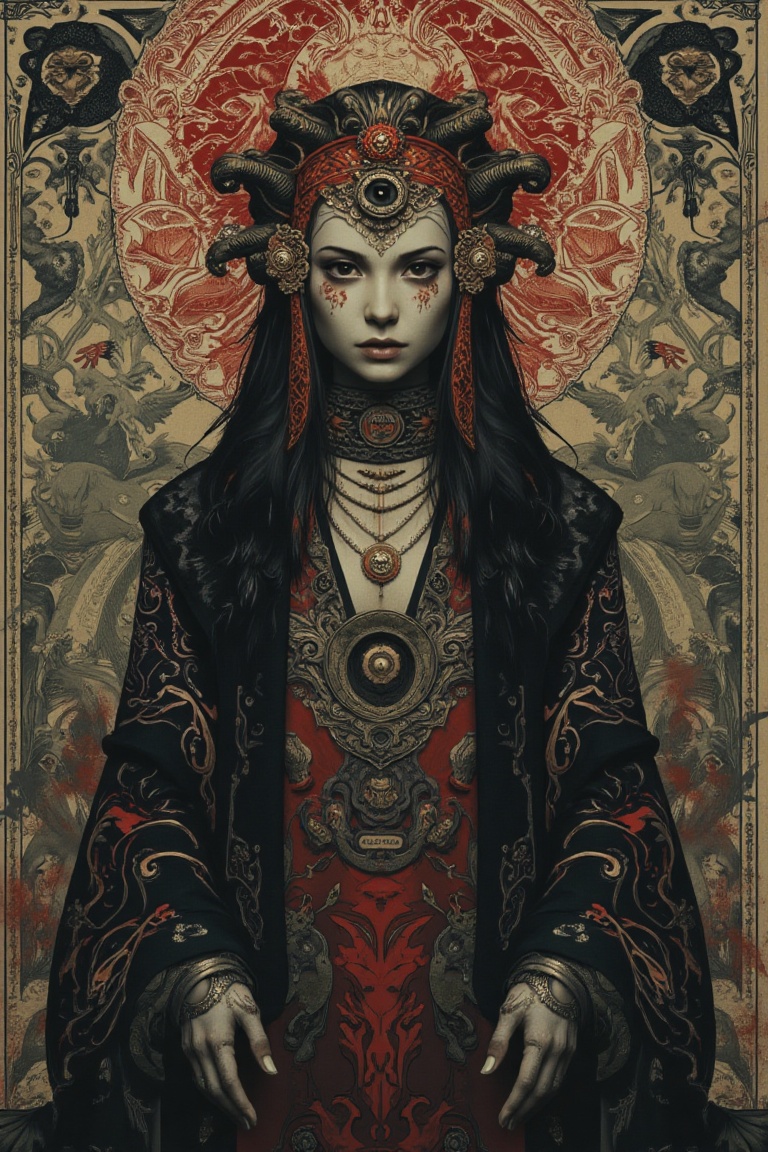 The image depicts a stylized,  artistic depiction of a figure adorned in intricate,  dark on Tensor.Art