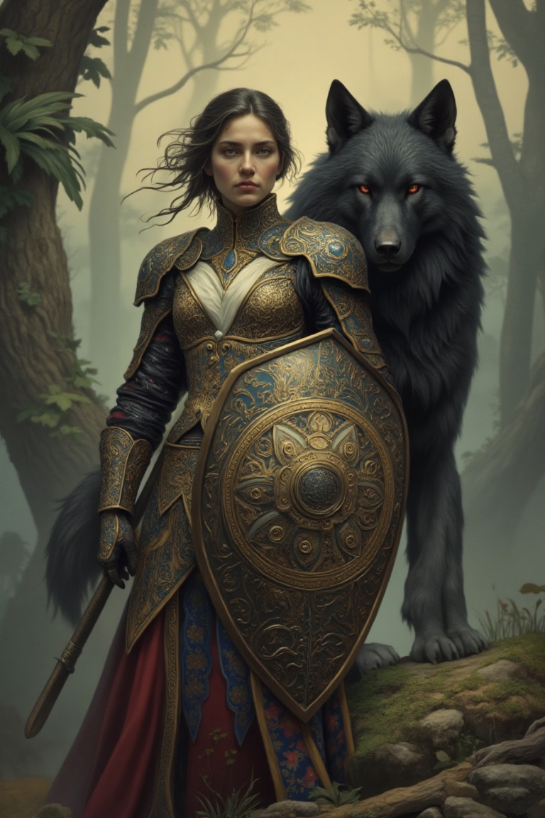 The image depicts a fantasy scene with a female warrior standing confidently. She is adorned in intricately designed armor...