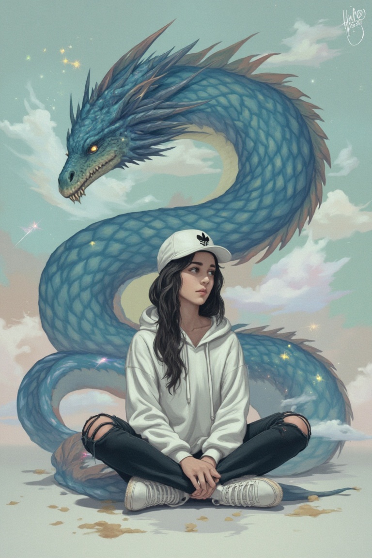 The image depicts a young person sitting cross-legged,  wearing a white hoodie and black ripped jeans. They are wearing wh...